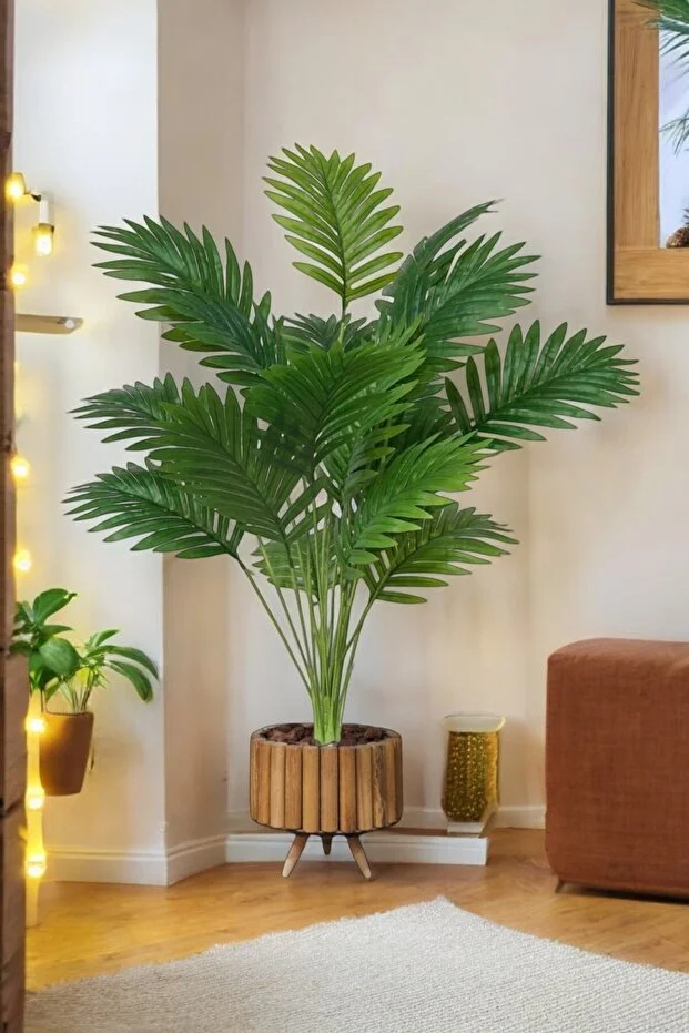 Palmiye - Yapay Palmiye - LEDLİ - Yapay Çiçek - Ahşap Saksılı 1.1 metre